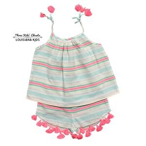 Sunuva 5-6Y Striped Tank Top and Shorts Set with Pink Tassels